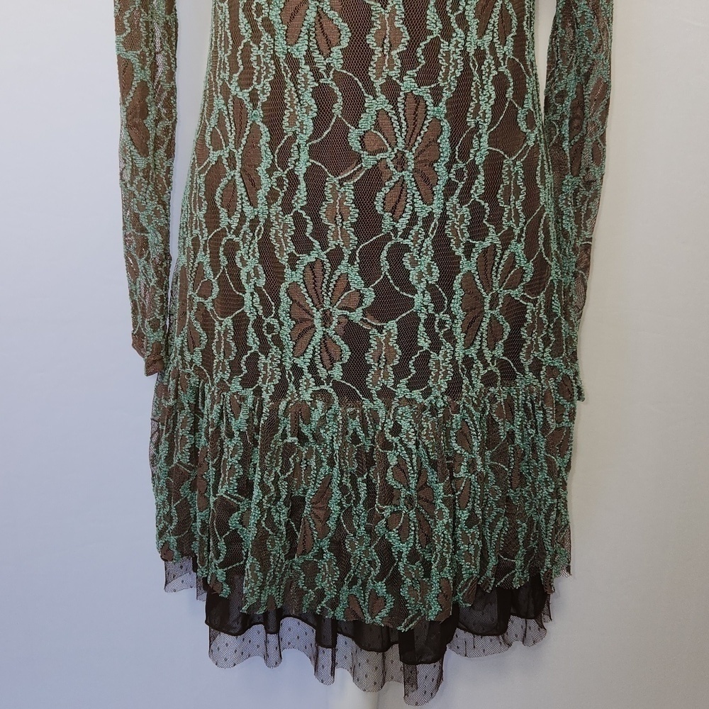 A"reve Anthropologie Womens Brown Turquoise Floral Lace Long Sleeve Lined Mini S - Picture 6 of 16